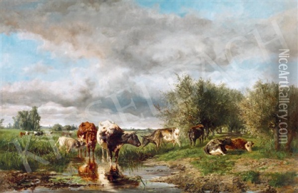 Cows Grazing Oil Painting - Albertus Gerardus Bilders