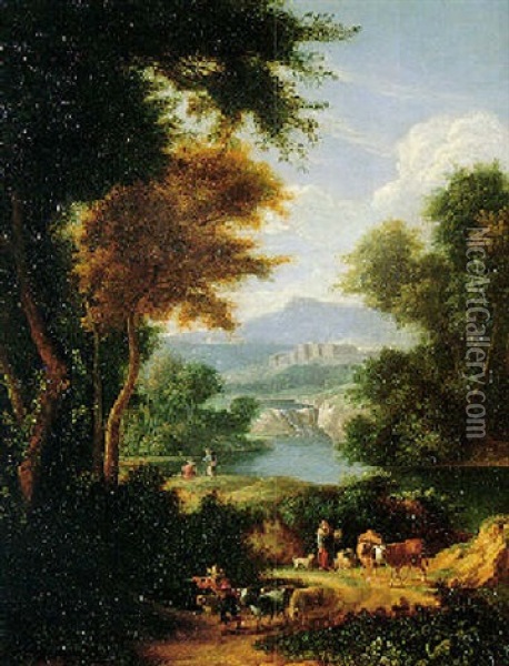 An Italianate Landscape With Peasants And Farm Animals By A River Oil Painting - Hendrick Frans van Lint