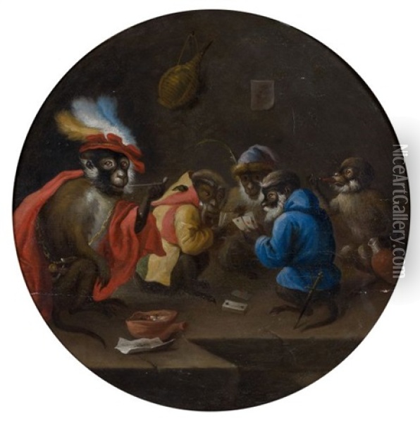 Les Singes Joueurs De Cartes Et Les Singes Barbiers (pair) Oil Painting - Abraham Teniers