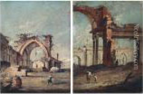 An Architectural Capriccio With 
Three Figures Before Gothic Ruins; An Architectural Capriccio With Two 
Figures Before Classical Ruins Oil Painting - Francesco Guardi