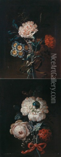 Stillleben Mit Von Samtschleifen Zusammengehaltenen Blumenstraussen (pair) Oil Painting - Johann Martin Metz