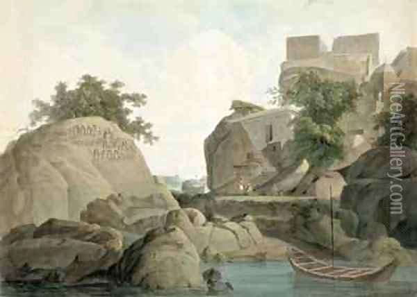 Fakirs Rock at Sultanganj on the River Ganges India Oil Painting - Thomas & William Daniell