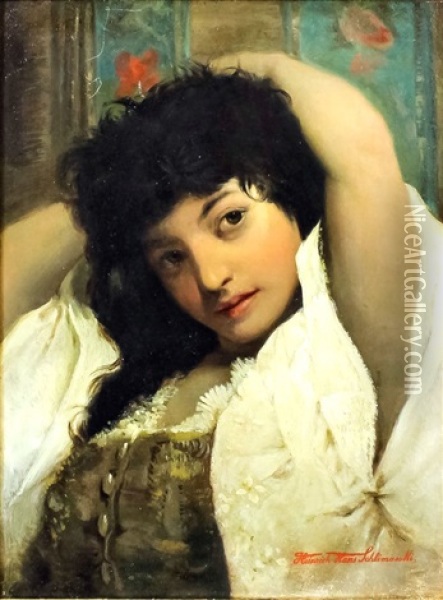 Shoulder Length Portrait Of Dark Haired Young Girl Wearing Cream Trimmed Dress Oil Painting - Heinrich Hans Schlimarski