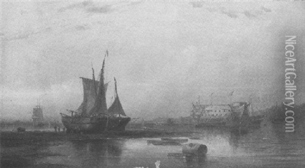 Beached Vessels And Hulks In The Upper Reaches Of Portsmouth Harbour Oil Painting - George Gregory