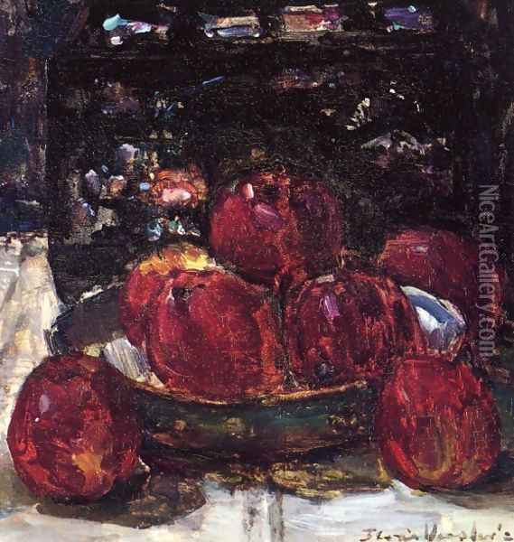 A Still Life with Red Apples on a Dish and a Japanese Lacquer Box Oil Painting - Floris Verster