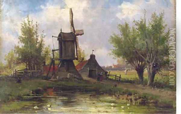 Windmill in a Dutch landscape Oil Painting - Johannes Hermanus Koekkoek Snr