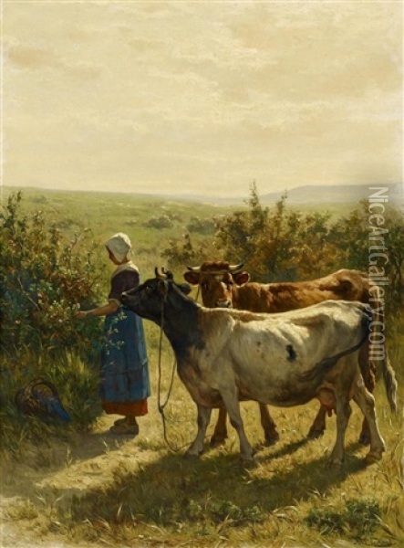 Junge Hirtin Mit Ihrem Vieh In Weiter Hollandischer Weidelandschaft Oil Painting - Johannes Hubertus Leonardus de Haas