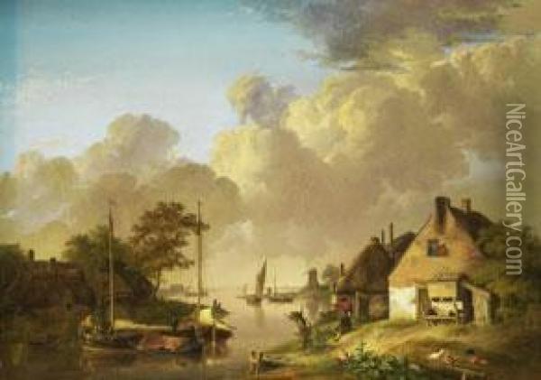 Niederlandische Flusslanschaft 
Mit Strohgedeckten Hausern Amufer, Moorbarken Und Figurenstaffage Oil Painting - Jan van Os