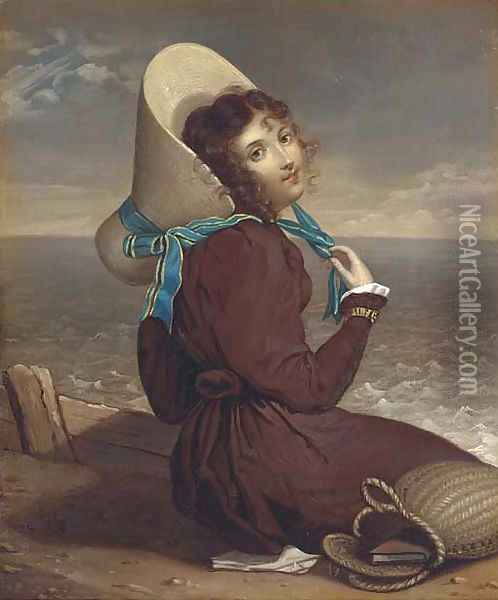 A young lady seated on a beach Oil Painting - Dutch School