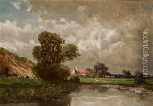 Pejzaz Z Pastwiskiem Nad Woda Oil Painting - Josef Muehlbeck