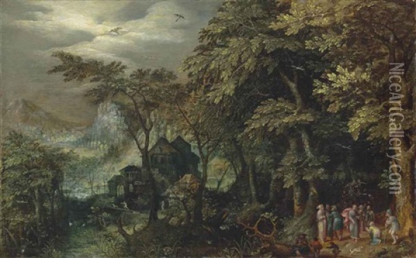 An Extensive Wooded Landscape With Christ Healing The Lame Man, A Village And A Town By The Mountains Beyond Oil Painting - Gillis Van Coninxloo III