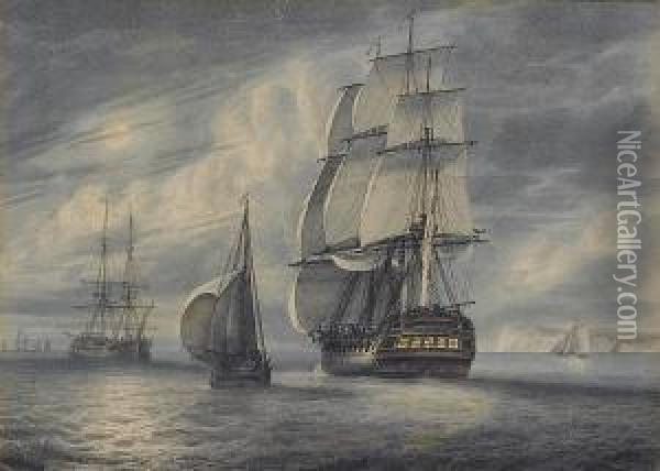 A Frigate Running Down The 
Channel Past A Cutter, With Other Ships Of The Fleet At Anchor Ahead Of 
Her Oil Painting - Samuel Atkins