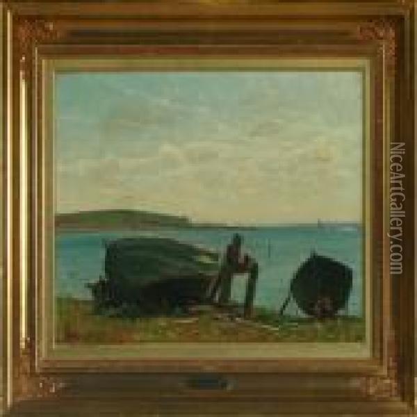 Coastal Scenery With Boats On The Shore Oil Painting - Emil Winnerwald