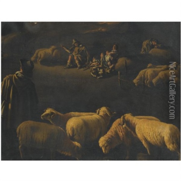 A Night Scene With Shepherds Resting By A Fire Oil Painting - Pedro Orrente