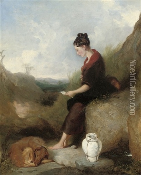 A Young Girl Seated On A Rock Reading A Letter Oil Painting - Sir Edwin Henry Landseer