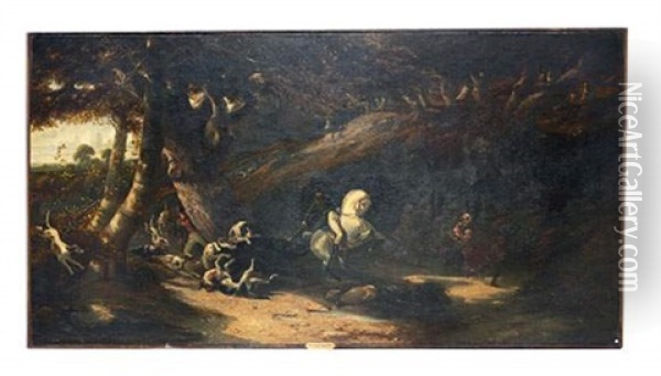 Le Duc De Doudeauville A Cheval, Servant Un Sanglier (after A. Giroux) Oil Painting - Francois Joseph Dupressoir
