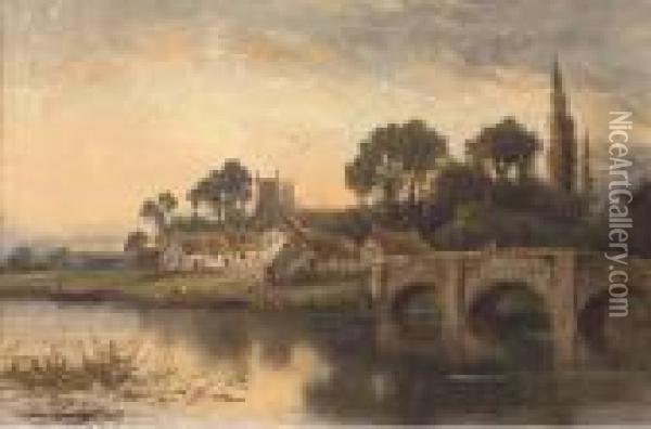 Figures On A Bridge Oil Painting - William Langley