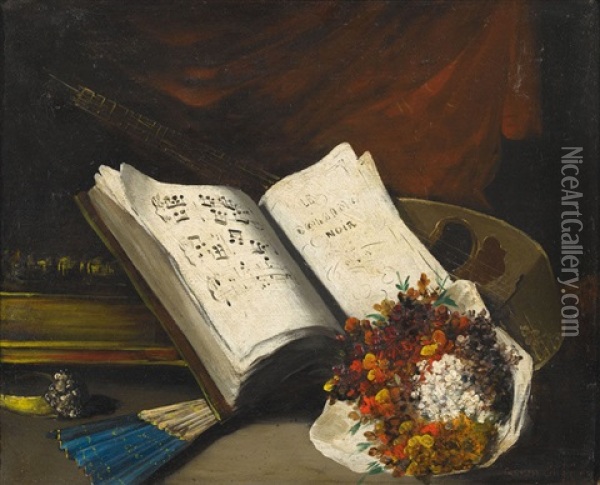 Stillleben Mit Notenbuch, Laute Und Blumenstrauss Oil Painting - Germain Theodore Ribot