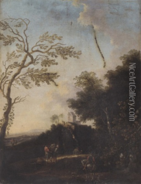 A Wooded Landscape With Travellers On A Track Oil Painting - Nicolaes Molenaer