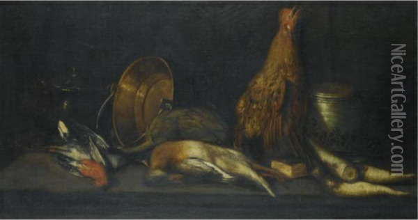 A Still Life With Dead Fowl, Artichokes, Parsnips, Pots And A Bucket Oil Painting - Adriaen de Gryef