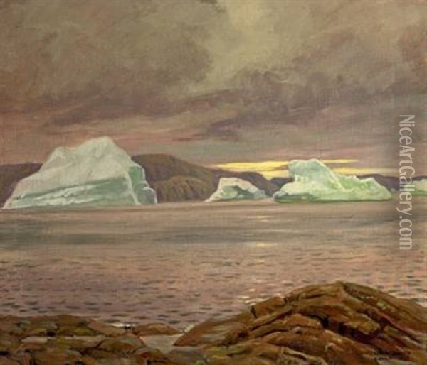 Icebergs By Upernavik, View From Greenland Oil Painting - Luplau Janssen