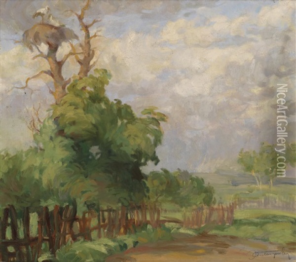 Landschaft Mit Einem Storchennest Am Baum Oil Painting - Jan Autengruber