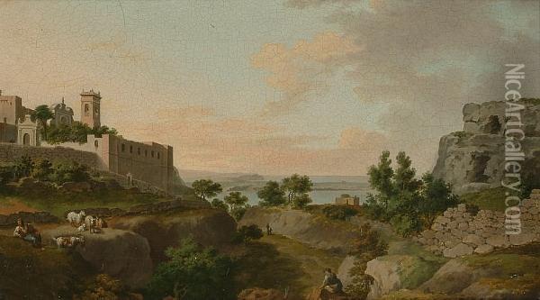 Italianate Landscape With Figures Resting Amongst Ruins, A View To A Lake Beyond Oil Painting - Jacob Philipp Hackert