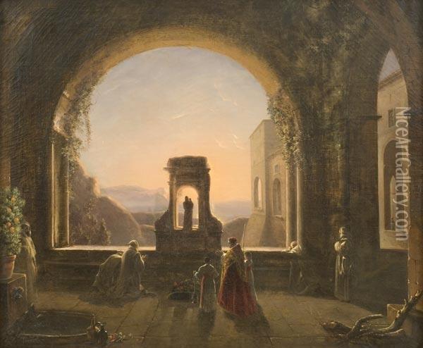 Veduta Di Convento Con Frati In Preghiera Oil Painting - Auguste, Comte De Forbin