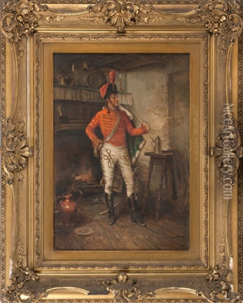A Soldier Standing By A Kitchen Fire Oil Painting - Edward Percy Moran