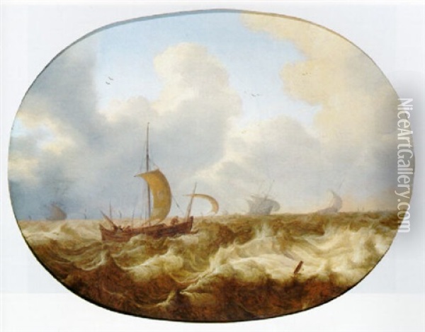 A Smalschip Running Before The Wind Offshore As A Storm Approaches Oil Painting - Cornelis Leonardsz Stooter