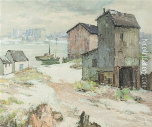 Snow Along The River, Structures And Boats Near A River Oil Painting - Maurice Braun