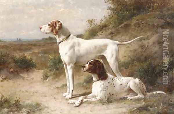 Two pointers Hans and Spot on the heath Oil Painting - Otto Eerelman