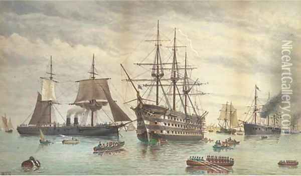 H.M.S. Victory amidst ironclads lying at anchor in the harbour, Portsmouth Oil Painting - William Edward Atkins