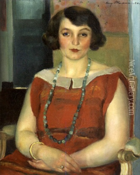 Femme Assise Au Collier De Perles Vertes Oil Painting - Henri Ottmann