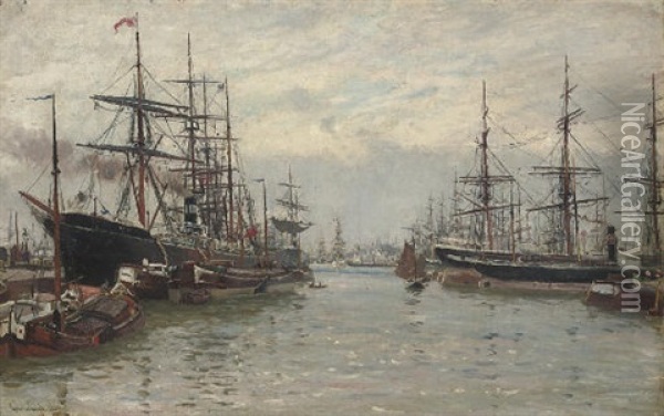 A Bustling Scandinavian Harbour, With The Steamer "regina" At The Dockside Oil Painting - Johannes Martin Grimelund