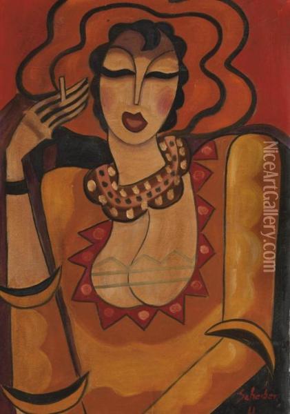Portrait De Femme A La Cigarette Oil Painting - Hugo Scheiber