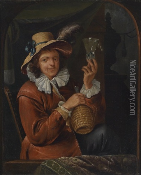 Ein Kavalier Mit Weinglas Am Fenster Beziehungsweise Eine Junge Frau Beim Schalen Einer Zitrone (pair) Oil Painting - Willem van Mieris