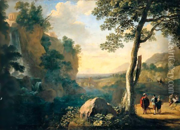 A Southern Landscape With A Fisherman And Figures Conversing On A Road Beside A Waterfall, A Hill Town Above And A Bridge Beyond Oil Painting - Herman Van Swanevelt