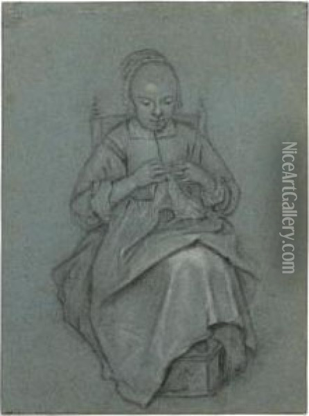 A Seated Young Woman Embroidering A Cloth, Her Feet Resting On A Foot-warmer Oil Painting - Quiringh Gerritsz. van Brekelenkam