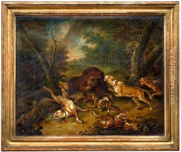 Hunde Greifen Wildschweine An (+ Eine Hundemeute Attackiert Zwei Baren; Pair) Oil Painting - Carl Borromaus Andreas Ruthart