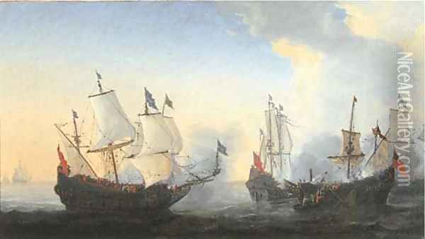A frigate battle at sea Oil Painting - Reiner Nooms (Zeeman)
