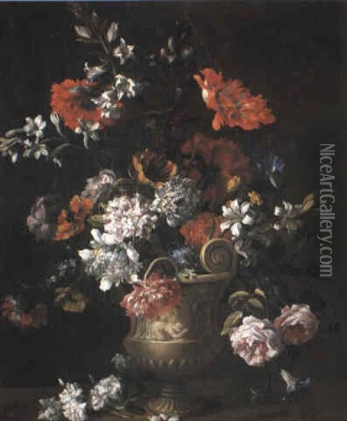 Flowers In A Sculpted Urn On A Ledge Oil Painting - Jean-Baptiste Monnoyer