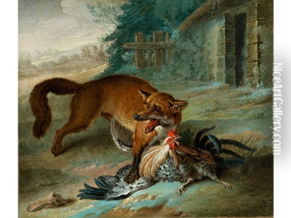 Fuchs Beim Reissen Eines Hahns Oil Painting - Jean-Baptiste Oudry