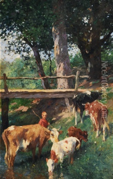 Cows By The Creek Oil Painting - Thomas Herbst