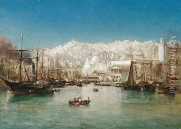 In The Harbour Of A North-african City. Inscription Bottom Right: A. Plassan Oil Painting - Antoine Emile Plassan