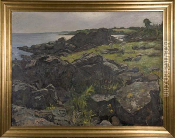 Sheep In Rocky Landscape Near Shoreline Oil Painting - Erik William Johnsen