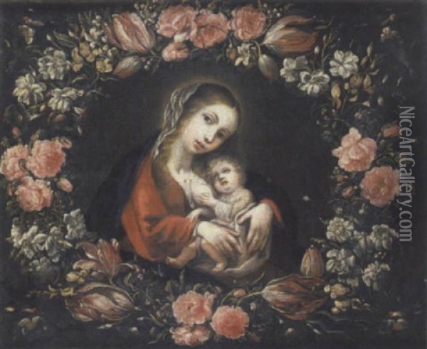The Virgin And Child Surrounded By A Garland Of Flowers With Goldfinches Oil Painting - Bartolome Perez