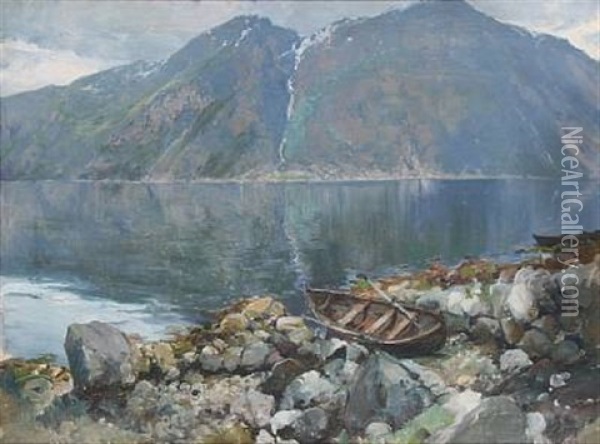 Fiord Scene With Mountains Oil Painting - Peder Jacob Marius Knudsen