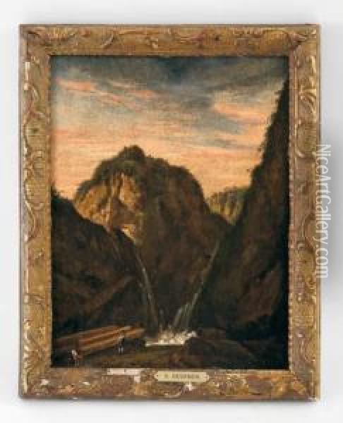 Attr. A - Cascade Et Bucherons Oil Painting - Salomon Gessner