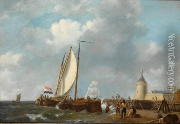 Barges Off A Jetty Oil Painting - Johannes Hermanus Koekkoek